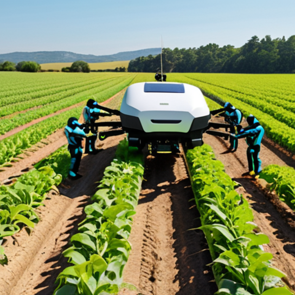 **

A diverse team of robotics experts, software engineers, and agricultural specialists collaborating on the design of a crop-monitoring robot in a sunny field. The robot is autonomously navigating rows of crops, scanning for plant health with sensors and spraying pesticides. Show the collaborative spirit and technological advancement.

**