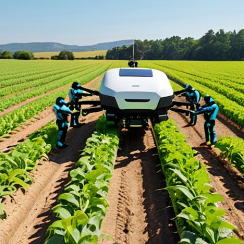 Home 11 **
A diverse team of robotics experts, software engineers, and agricultural specialists collaborating on the design of a crop-monitoring robot in a sunny field. The robot is autonomously navigating rows of crops, scanning for plant health with sensors and spraying pesticides. Show the collaborative spirit and technological advancement.
**