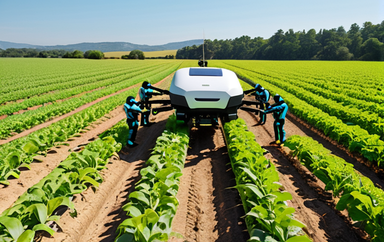 **

A diverse team of robotics experts, software engineers, and agricultural specialists collaborating on the design of a crop-monitoring robot in a sunny field. The robot is autonomously navigating rows of crops, scanning for plant health with sensors and spraying pesticides. Show the collaborative spirit and technological advancement.

**