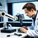 **

A professional robotics engineer, fully clothed in a clean lab coat and safety glasses, working on a complex robot arm assembly. The background features a brightly lit, modern robotics lab with various tools and equipment. Emphasize precision and focus on the engineer's face. Correct proportions, perfect anatomy, professional, appropriate content, modest, family-friendly, safe for work.

**