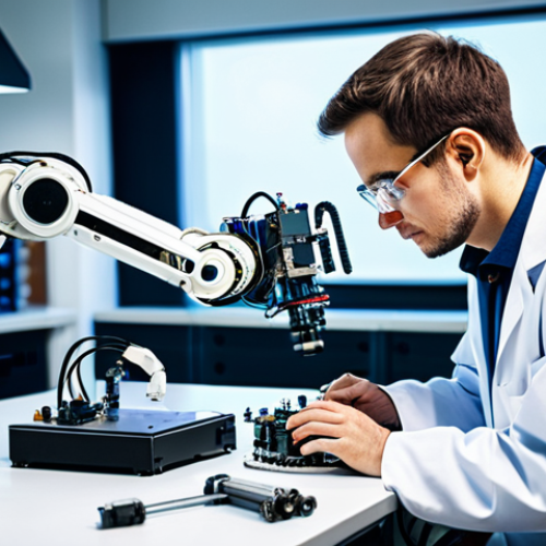 Home 6 **
A professional robotics engineer, fully clothed in a clean lab coat and safety glasses, working on a complex robot arm assembly. The background features a brightly lit, modern robotics lab with various tools and equipment. Emphasize precision and focus on the engineer's face. Correct proportions, perfect anatomy, professional, appropriate content, modest, family-friendly, safe for work.
**