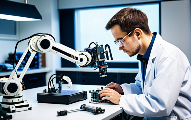 **

A professional robotics engineer, fully clothed in a clean lab coat and safety glasses, working on a complex robot arm assembly. The background features a brightly lit, modern robotics lab with various tools and equipment. Emphasize precision and focus on the engineer's face. Correct proportions, perfect anatomy, professional, appropriate content, modest, family-friendly, safe for work.

**